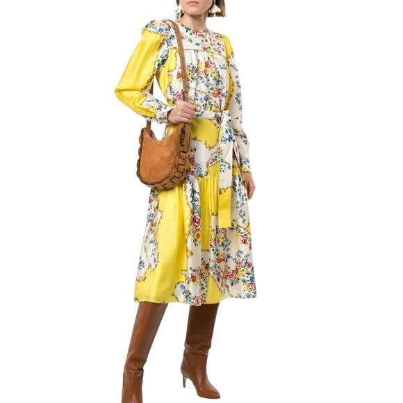 TORY BURCH Printed Quilted Yoke 100% Silk Tea Dress Yellow Multicolor Size 12